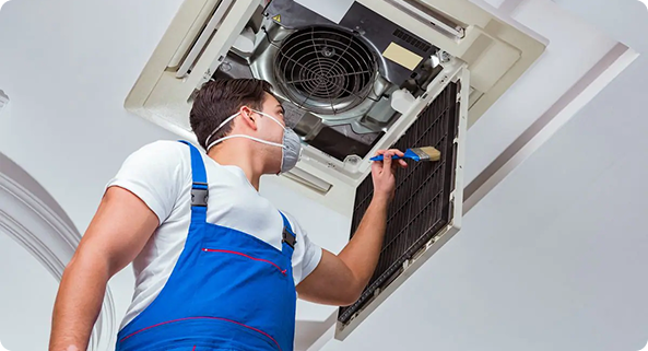 Technician inspecting indoor AC filter